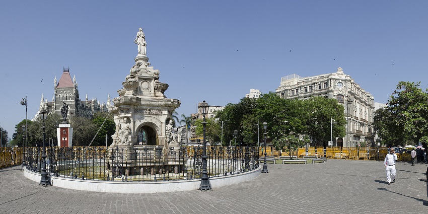 Flora Fountain in Mumbai at the busy Fort junction, with ornate stone carvings