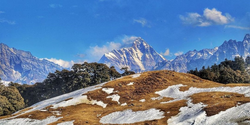 Wide open landscape of Gorson Bugyal with distant snow-covered Himalayan mountains.
