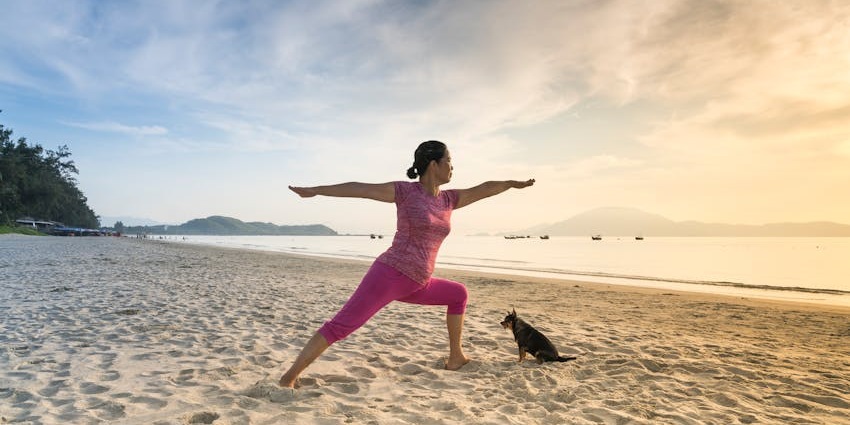 Woman performing yoga in the morning with a sandy shoreline of the beach and a dog