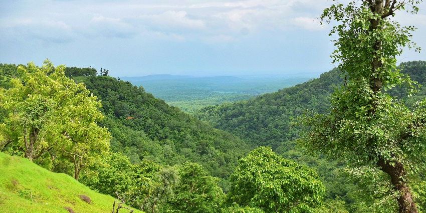 Green hills covered in mist at Kalakund Forest, one of the refreshing places to visit near Indore in July.
