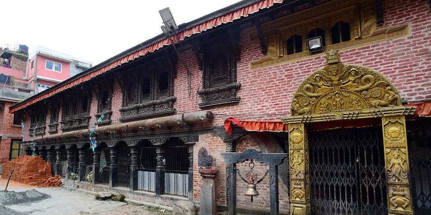 The front side of Harisiddhi Temple with the tiered roofs and statues, one of the iconic places to visit near Kathmandu with friends.