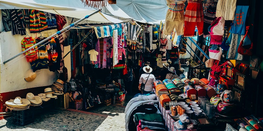Local crafts and colorful souvenirs displayed in a traditional shop in Sikkim.