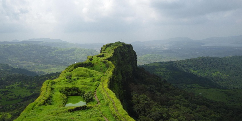 Ancient stone steps and green foliage surrounding the historic Lohagad Fort.