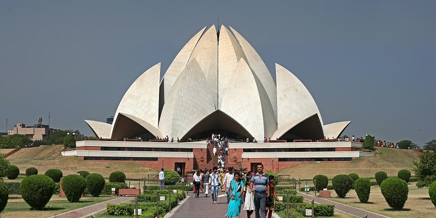 The Lotus Temple in New Delhi, highlighting the lotus-reminiscent white marble architecture.