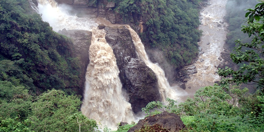 An aerial view of the mammoth water discharge of Magod Falls during the monsoon.