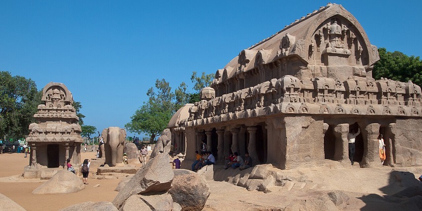 Ancient stone carvings and rock-cut structures in Mahabalipuram's Pancha Rathas.