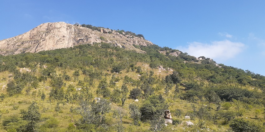 Makalidurga Hill in Karnataka with rocks, green grass and bushes one of the peaceful places to visit near Bangalore with friends.
