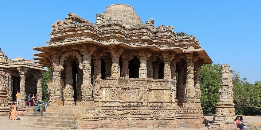 A corner view of the Sabha Mandap complex at the Modhera Sun Temple near Ahmedabad.