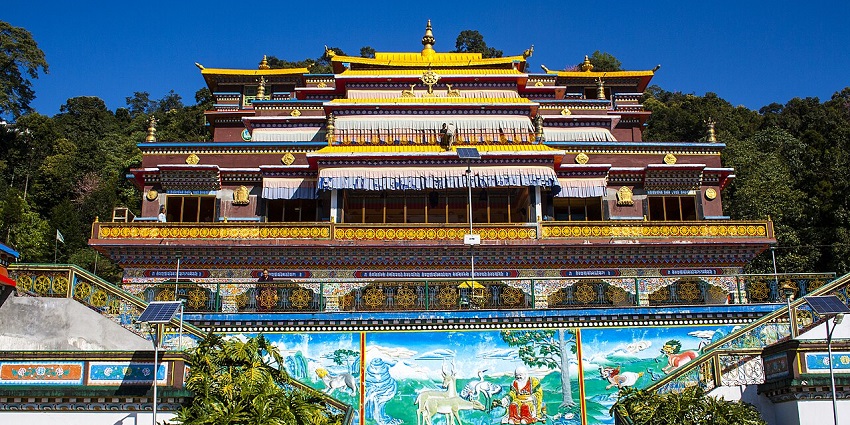 Beautiful view of Rumtek Monastery with traditional architecture and peaceful surroundings.