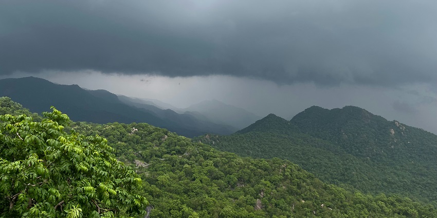 Cloudy sky over Mount Abu hills highlighting what is the best time to visit Mount Abu.