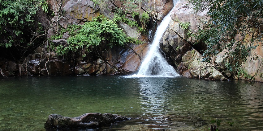A small cascade falls in the pristine shallow waters at the bottom of Nagalapuram Waterfalls