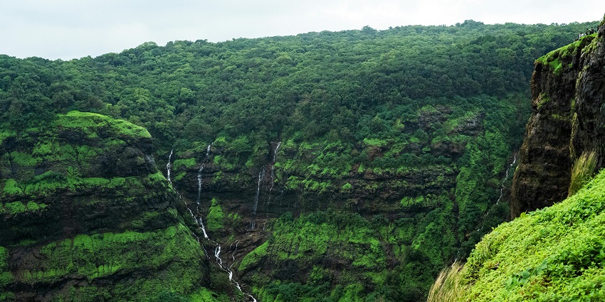 Nandi Hills in Karnataka with a small waterfall surrounded by lush green vegetation.