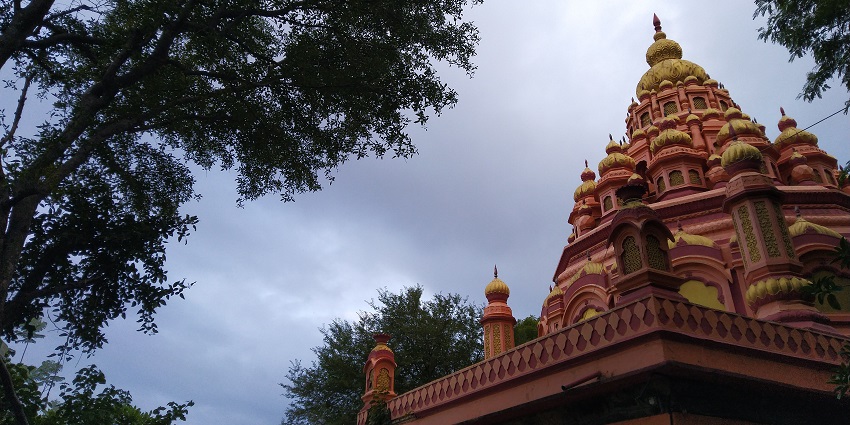 Views of the temple’s ornate shikhara with carvings framed by tree branches and the sky.
