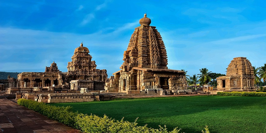 Galaganatha temple complex in Pattadakal with traditional Hindu architecture and intricate carvings.
