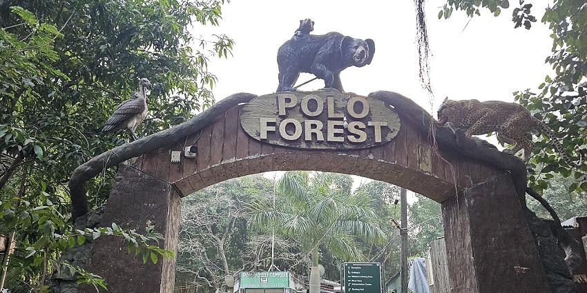 The entrance gate to Polo Forest is adorned with animal sculptures, surrounded by vegetation.