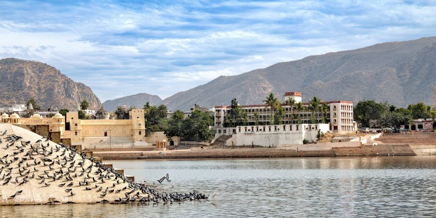 Peaceful view of Pushkar Lake with calm waters and surrounding ghats in the background.
