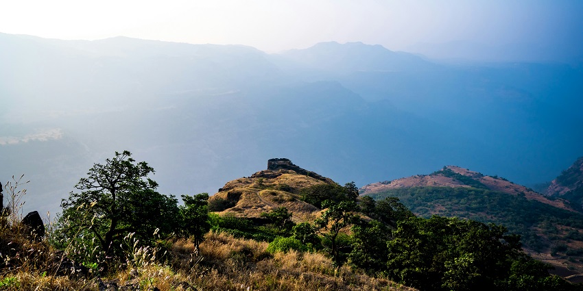Panoramic view of the hills from the top of Rajmachi Fort.
