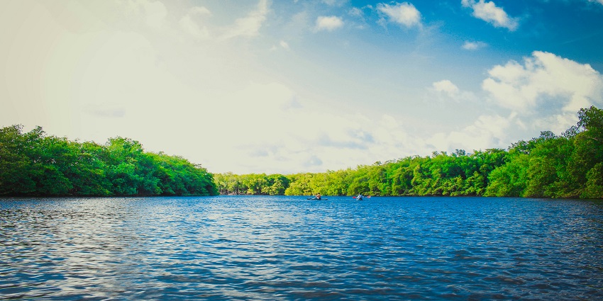 Serene view of Rankala Lake with calm waters and a vibrant evening sky above.
