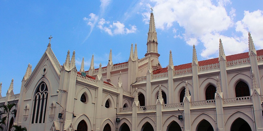 Santhome Cathedral Basilica in Chennai, with traditional Christian architecture and crosses on top.
