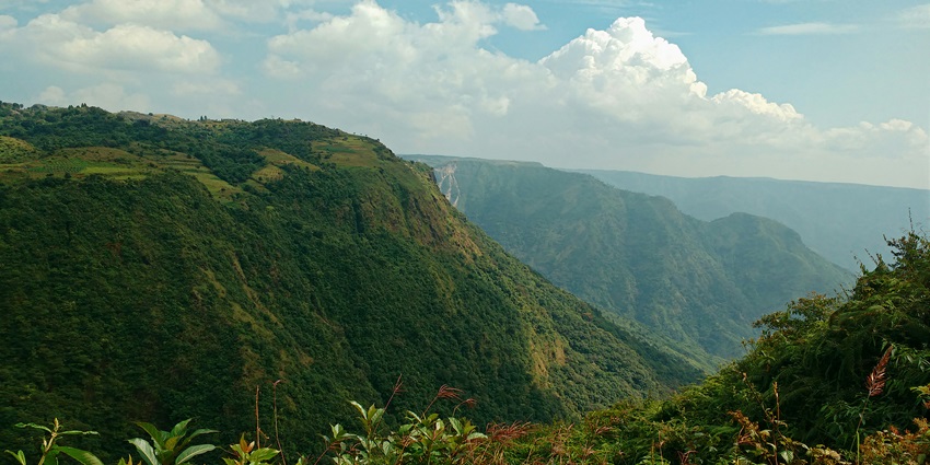 View from Shillong Peak with misty hills and pine trees places to visit near Barapani.
