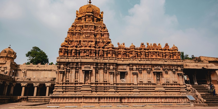 Front view of Sri Parthasarathy Temple with intricate carvings and colorful architecture.