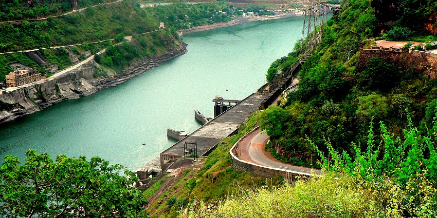Scenic vista point view overlooking the water and landscape at Srisailam Dam.
