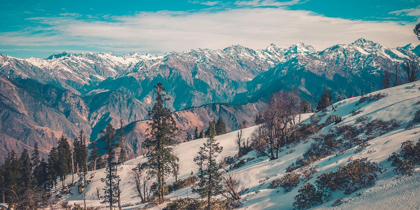 Majestic snow-covered mountains in Auli under a clear blue sky.

