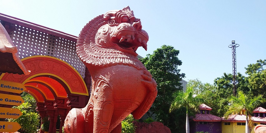 An enormous lion sculpture at the entrance to the VGP Universal Kingdom amusement park in Chennai