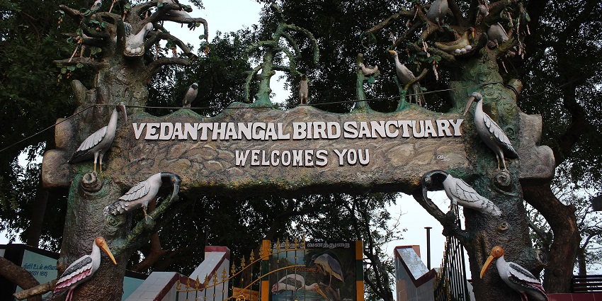 A board at the entrance of Vedanthangal Bird Sanctuary near Chennai welcomes visitors