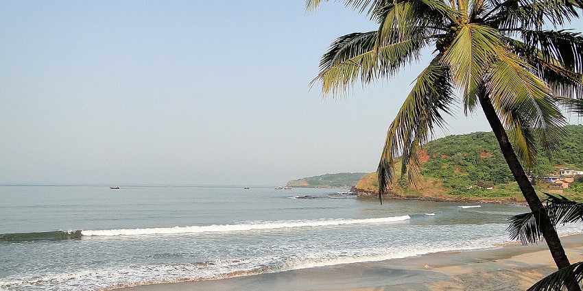 Quiet beach with soft waves, palm trees, and green rocky cliffs in the background.
