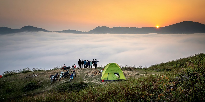 Camping tents nestled in the dense greenery of Agumbe rainforest surrounded by nature.