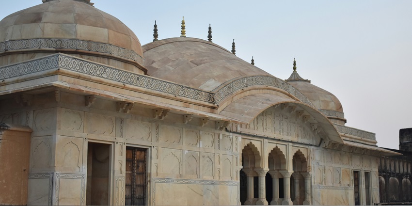 Exterior view of Ajmer Sharif Dargah with its domes and architecture.