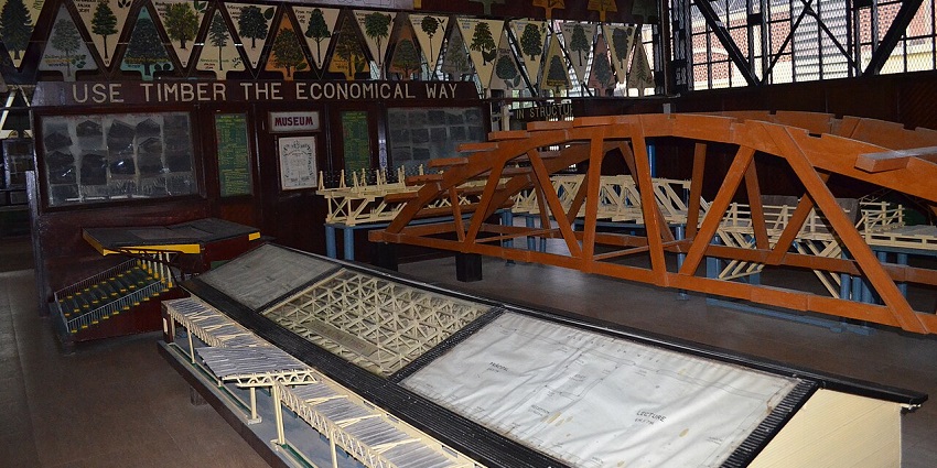 Timber bridge models on display at an exhibition, one of the popular museums in Uttarakhand.