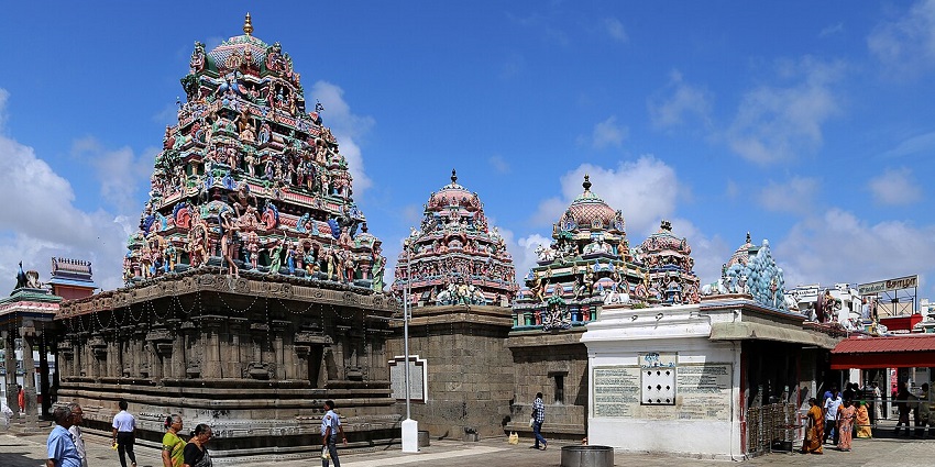 A view of devotees walking in the courtyard of the Kapaleeswarar Temple in Chennai, Tamil Nadu.