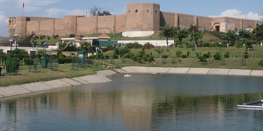 A fort is seen from the banks of the Chenab River in the region of Jammu.