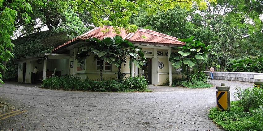 Battle Box entrance with red-tiled roof and greenery at Fort Canning Park, Singapore.