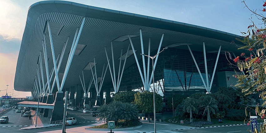 Low-angle view of Bengaluru Airport terminal, among haunted places in Karnataka.