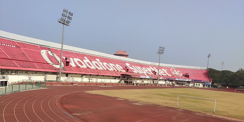 Empty stadium grounds at Chandrasekharan Nair, one of the prominent parks in Kerala.

