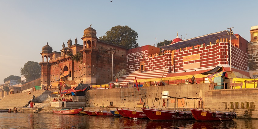 Boats parked at the historic Chet Singh Ghat during Dev Deepawali in Varanasi.
