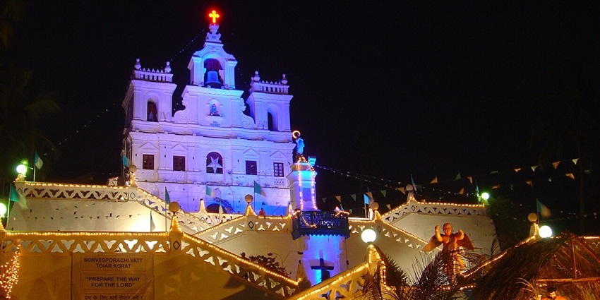 The Immaculate Conception Church is illuminated during Christmas in Goa’s Panjim.