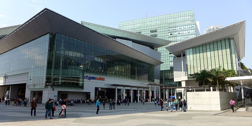 Shoppers in front of Citygate Outlets, a top destination for shopping in Hong Kong.
