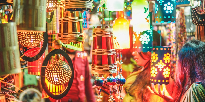 Colourful lanterns on display at Covent Garden Market, a highlight among flea markets in Dubai.
