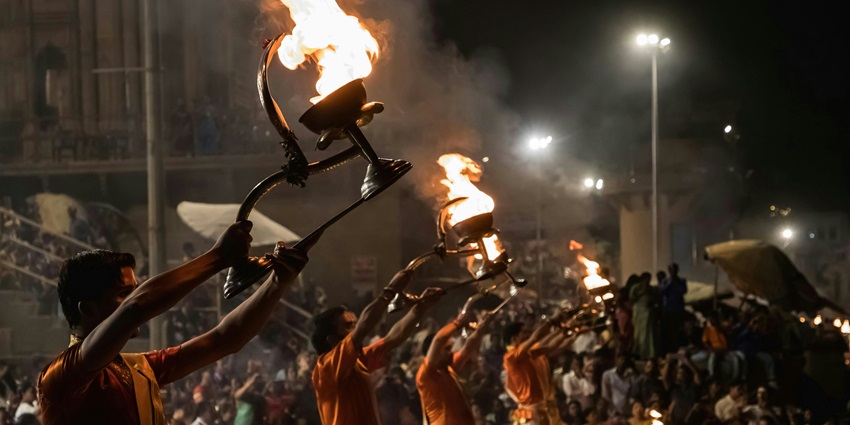 Priests perform Ganga Aarti at Dashashwamedh Ghat during Dev Deepawali in Varanasi.