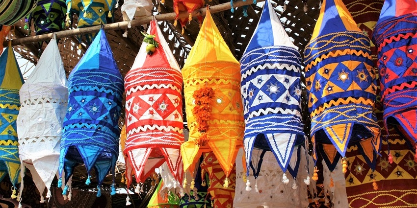 Colorful lanterns hang during Diwali in Goa, highlighting vibrant festivals in Goa.