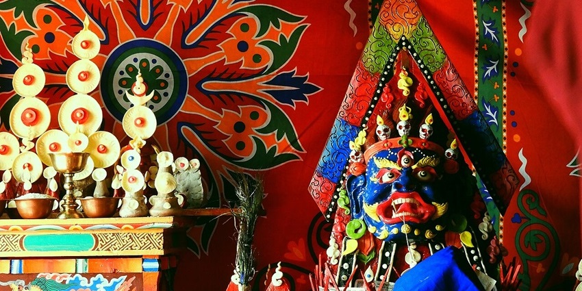 A beautifully adorned deity being worshipped during the Dosmoche Festival, one of the vibrant festivals in Ladakh.
