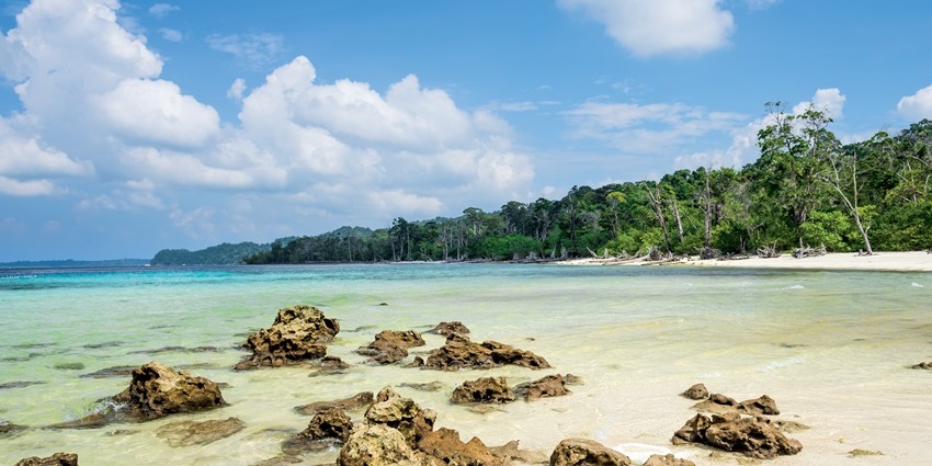 Paragliding in Andaman at Elephant Beach with waves crashing against rocky shores.