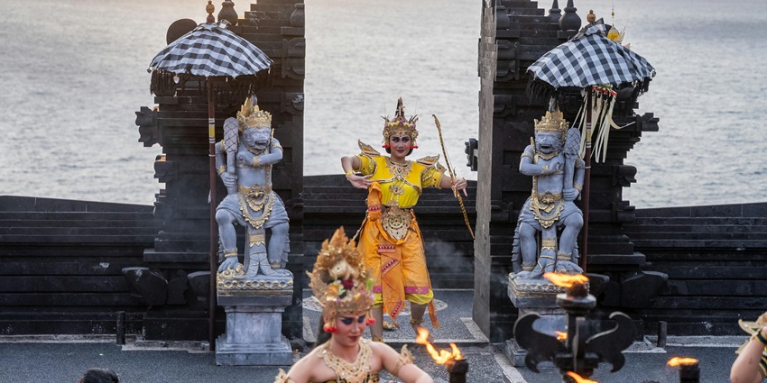 Balinese dancer performing traditional Galungan dance during festivals in Bali.