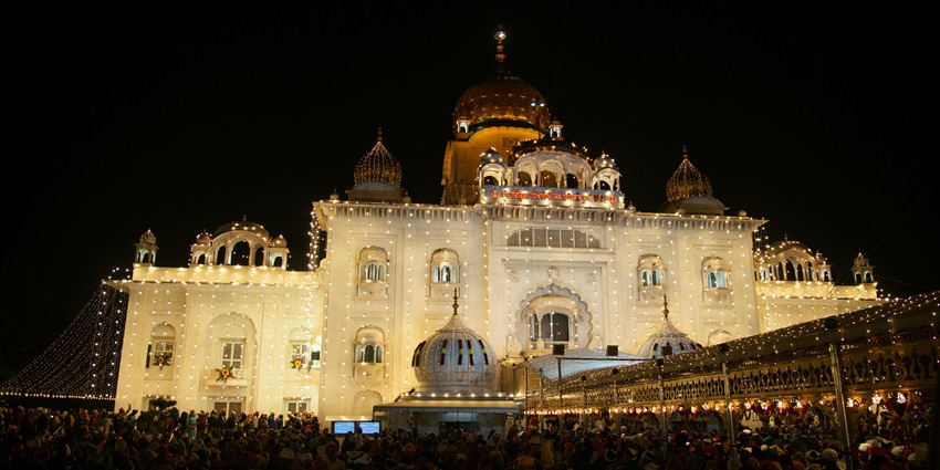 Illuminated Gurudwara during Guru Nanak's Prakash Utsav celebrations.