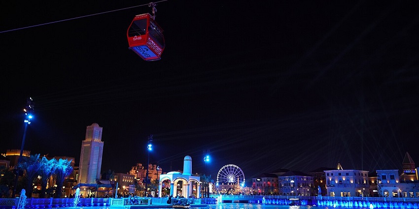 A complex is decked up with glimmering lights during the Riyadh Season in Saudi Arabia.
