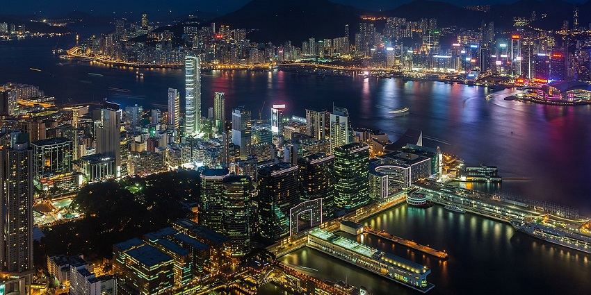 A nighttime aerial view of Harbour City, a major spot for shopping in Hong Kong.